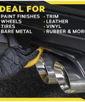 Gloved hand using 4 Inch Foam Applicator Pads For Car Polish And Wax Great For Pro Detailers And DIY Auto Pros Ultra Soft Tight Cell Foam For Smooth Even Application On Paint Finishes Wheels And Tires And Other Auto Surfaces 4 Pack on car exhaust