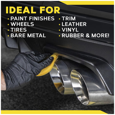 Gloved hand using 4 Inch Foam Applicator Pads For Car Polish And Wax Great For Pro Detailers And DIY Auto Pros Ultra Soft Tight Cell Foam For Smooth Even Application On Paint Finishes Wheels And Tires And Other Auto Surfaces 4 Pack on car exhaust
