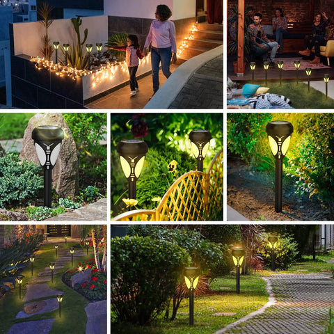 Six Pack Warm White Solar Pathway LED Lights With Spike Stands Waterproof Outdoor Garden Lawn Driveway Walkway Landscape Lighting illuminated at night