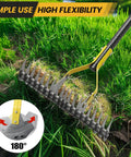 Heavy Duty Metal Dethatcher Rake With Adjustable Long Handle No Frills 5.5-Foot 19-Tine 15-Inch Wide Lawn Tool in garden use