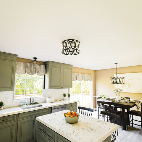 Kitchen interior with Prince 3 Light Flush Mount Oil Rubbed Bronze With Open Frame And Crystal Clear Glass Shades Modern Chic Vibe Low Profile Ceiling Light