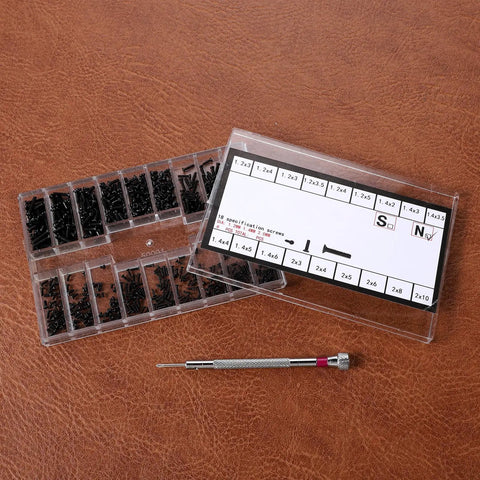 500 Pcs Extra Small Screws Micro Repair Kit in M1.2 M1.4 M2.0 Sizes with Black Finish, includes mini screwdriver and storage box on brown surface