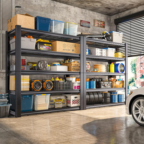 72 Inch Beefy Heavy Duty Garage Shelving Unit With Adjustable Metal Shelves For Basement Storage, Ultra Strong Steel Frame, Reinforced Uprights, Easy Assembly, Crazy High Load Capacity For Tools And Gear in garage with bins and tires