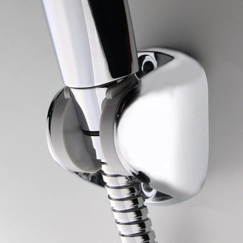 On Wall Mount Shower Bracket For Handheld Shower Head With Height Adjustable Holder And Large Angle Adjustment, chrome finish close-up