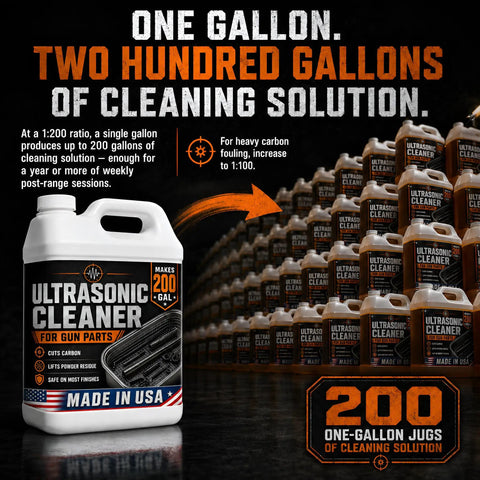 Pro Grade Ultrasonic Gun Cleaner Solution That Hits Different On Stubborn Carbon And Gun Oil With Zero Hard Scrubbing One Concentrated Gallon Mixes Straight Into Two Hundred Ready To Shoot Parts Usa Made showcased with jugs.