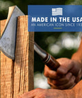 Sportsman's Axe 14 Inch Hatchet For Camping And Outdoors with forged steel blade slicing wood, showing leather grip in use