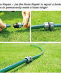 3 Ply Reinforced Rubber Garden Hose Half Inch By Fifty Feet connected with a repair fitting on grass lawn.