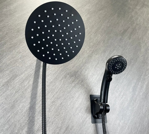 High Pressure 8 Inch Round Rainfall Shower Head With Handheld, Stainless Steel Matte Black Finish, Pause On Off Switch, Hose Included