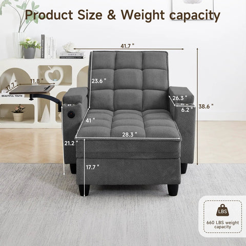 Dimensions of Big And Comfy Recliner With 360 Degree Swivel Tray Table Modern Tufted Linen Chair With Cup Holders And USB Port