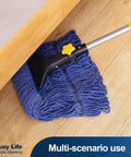 Heavy Duty Wet Mop With Looped End Cotton Mop Head, Industrial Grade String Mop under furniture on wooden floor