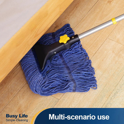 Heavy Duty Wet Mop With Looped End Cotton Mop Head, Industrial Grade String Mop under furniture on wooden floor