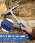 Rock Pick Hammer 22 Oz USA Made Geology Tool With Pointed Tip And Shock Reduction Grip in use against rock surface