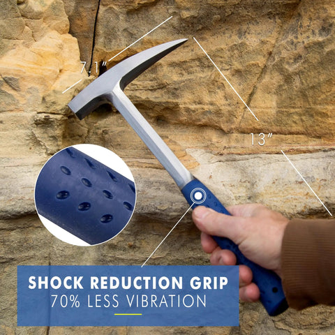Rock Pick Hammer 22 Oz USA Made Geology Tool With Pointed Tip And Shock Reduction Grip in use against rock surface