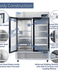54 Inch Wide Commercial Reach In Display Refrigerator Featuring Dual Tempered Glass Doors Heavy Duty Beverage Merchandiser Cooler, with detailed interior features.