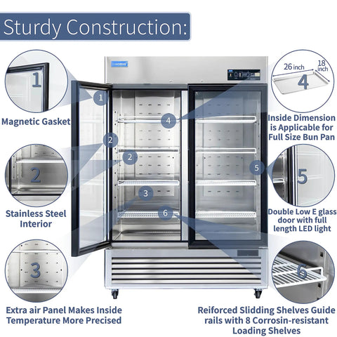 54 Inch Wide Commercial Reach In Display Refrigerator Featuring Dual Tempered Glass Doors Heavy Duty Beverage Merchandiser Cooler, with detailed interior features.