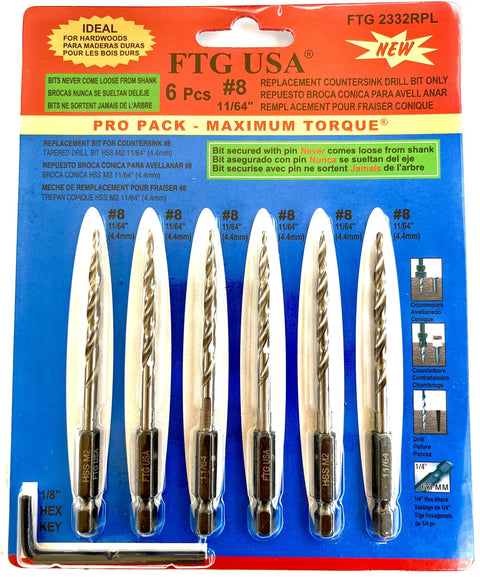 Top Shelf Six Piece Replacement Tapered Countersink Drill Bits In Heavy Duty 11 64 Inch Hex Shank With Easy Grip Wrench for wood and metal.