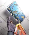 Man installing fluorescent light covers for classrooms and offices to kill harsh glare and eye strain headache free ocean themed diffusers.