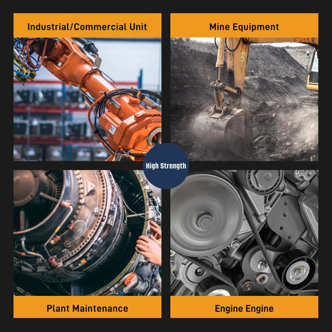 VIKAGU 272 orange high-temp high-strength threadlocker collage of four industrial scenes with a High Strength badge.