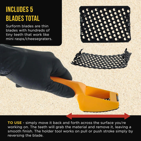 Close-up of Two And A Half Inch Shaver Blade Holder Set With Handles, 2 Pack, Includes Five Replacement Blades with Surform rasp.