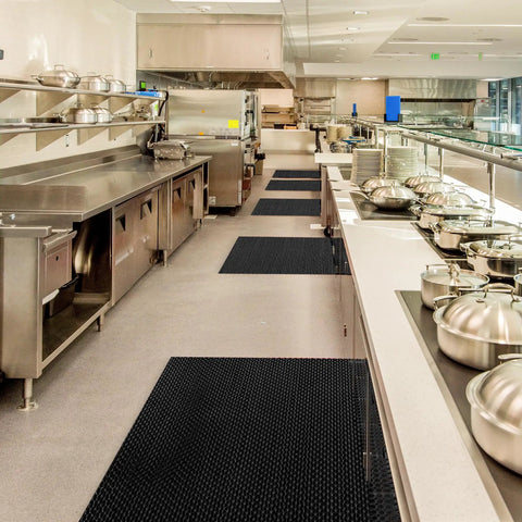 Commercial kitchen with Drainage Floor Mat 3 Ft By 16 Ft 5 In Grippy Non Slip Commercial Grade PVC Rubber Mesh Entrance Mat on floor.