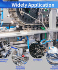 Machinery showcasing applications for 30-Piece Push To Connect Air Hose Fittings Kit with Tubing Cutter in automation, car repairs, and dental equipment.