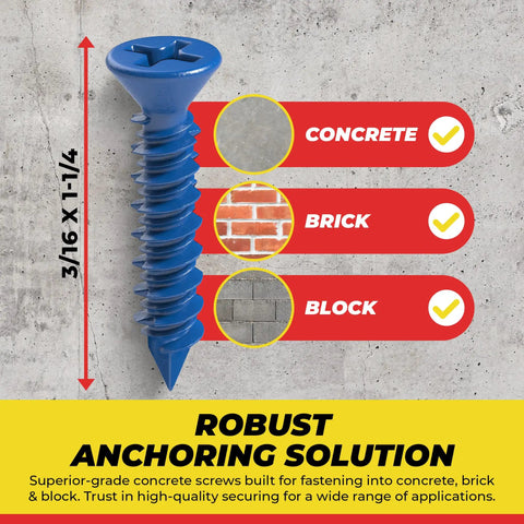 Pro Grade Self Tapping Concrete Screws With Tough Diamond Point And Flat Phillips Head 3/16 X 1-1/4 Inches Heavy Duty Blue Steel Fasteners For Hassle Free Rock Solid Mounting On Brick And Concrete