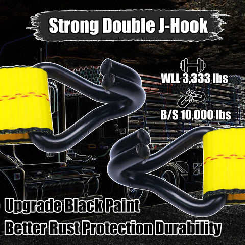 Heavy Duty Ratchet Straps 4 Pack 2 Inches By 15 Feet With J Hook showing strong double J-hooks and yellow webbing.