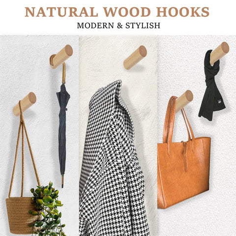 Heavy Duty Beech Wood Wall Hooks For Coats And Hats, Rustic Wall Mount Coat Rack Hangers For Bags, Towels And Purses