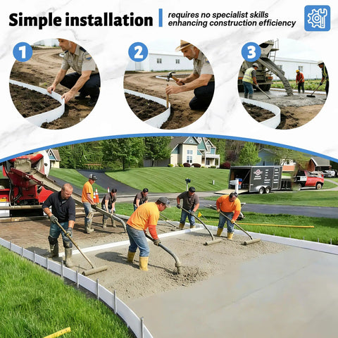 Workers using Three Pack Plastic Concrete Forms For Walkways With Easy Setup, 13 Ft Long By 5 In Wide, PE Flex Molds for concrete flatwork.