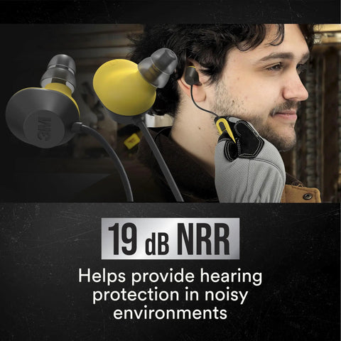 Bluetooth 6.0 Hearing Protection Earbuds With 19dB NRR, Hands Free Calls And Tunes, shown being worn in a noisy environment.