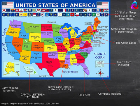 US Map Poster With All 50 State Flags Laminated 14x19.5 In Educational Wall Chart For Kids Classroom Decor With Capitals Abbreviations