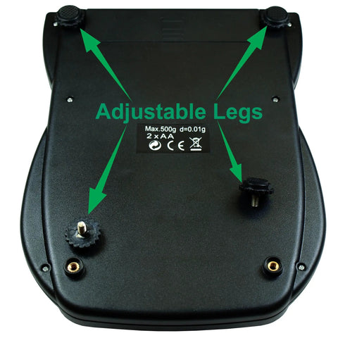 Back view of Digital Precision Scale 500G X 0.01G With Beefy Platform showing adjustable legs and battery compartment