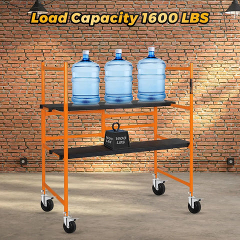 Tough As Nails 5 Inch Scaffolding Wheels Set Of Four Swivel Casters With One Inch Round Stem Dual Lock For Industrial Platform Towers 440 Pound Capacity Workhorse Rig on a portable shelving unit with water bottles.