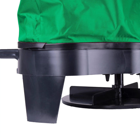 Close-up of Hand Held 25 Pound Bag Seeder Spreader for Lawn Care, showing weatherproof 600D nylon bag with green exterior