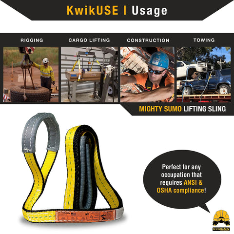 KwikSafety Mighty Sumo lifting sling, 1 in x 8 ft poly web, yellow and black, ANSI/OSHA compliant.