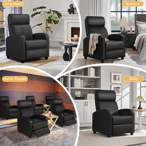 Collage showing Comfy PU Leather Recliner Chair in living room, bedroom, home theater, and study, highlighting versatile use.