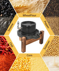 Old School Stone Grain Mill Hand Grinder for Flour and Seeds surrounded by images of sesame, wheat, pepper, chili, corn, and soybean