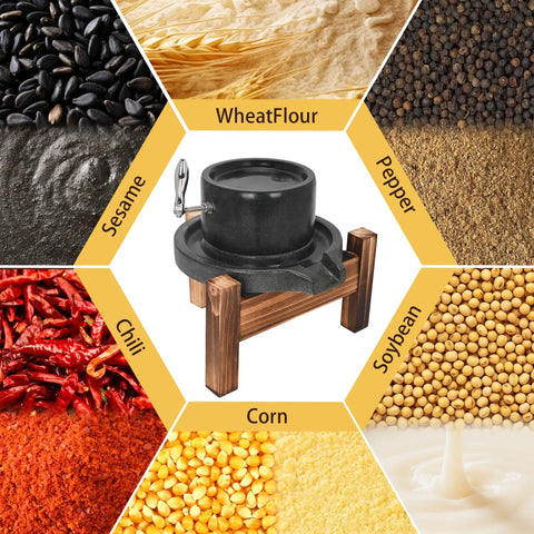 Old School Stone Grain Mill Hand Grinder for Flour and Seeds surrounded by images of sesame, wheat, pepper, chili, corn, and soybean