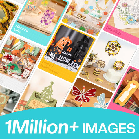 Collage of arts and crafts projects including stickers, decals, and decorations created using a portable DIY vinyl cutter machine.