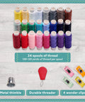 All In One Sewing Kit For Adults And Kids 94 Piece Starter Set With Colorful Thread Needles Scissors Thimble And Clips Travel Ready Emergency Repair Supplies showcasing 24 spools of colorful thread, metal thimble, durable threader, and wonder clips.