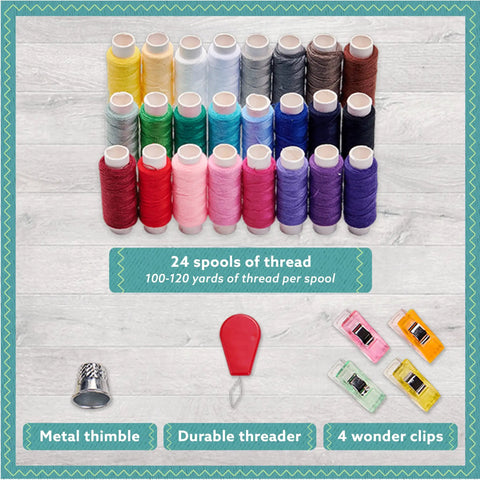 All In One Sewing Kit For Adults And Kids 94 Piece Starter Set With Colorful Thread Needles Scissors Thimble And Clips Travel Ready Emergency Repair Supplies showcasing 24 spools of colorful thread, metal thimble, durable threader, and wonder clips.