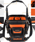 Open Top 24 Pocket Hard Base HVAC And Electrician Tool Bag With Rigid Bottom For Dry Tools 25 MOLLE Loops 6 Bit Slots And 2 Wire Loops