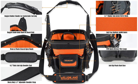 Open Top 24 Pocket Hard Base HVAC And Electrician Tool Bag With Rigid Bottom For Dry Tools 25 MOLLE Loops 6 Bit Slots And 2 Wire Loops