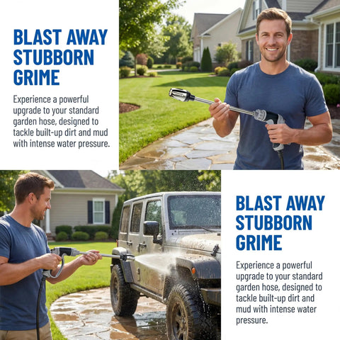Man using Pro Grade 360 Degree Rotating Nozzle For Pressure Washer With Three Spray Modes to clean SUV in driveway