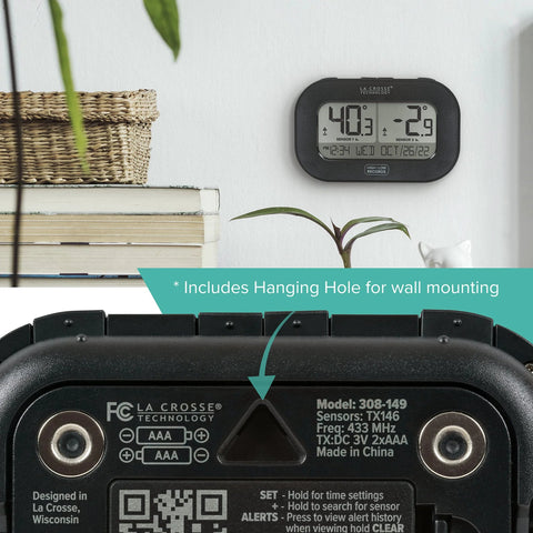 Front view of La Crosse wireless refrigerator/freezer thermometer with magnetic back mounted on wall.