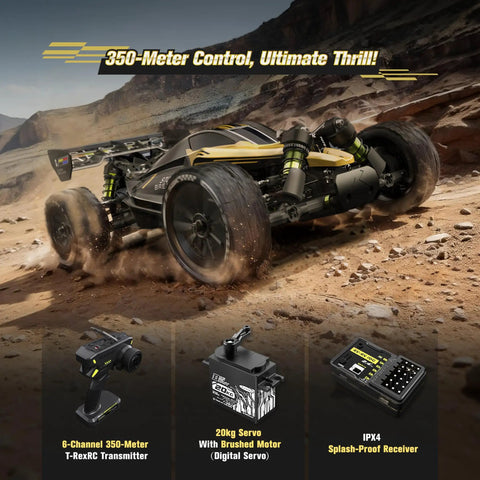 One Tenth Scale Brushless RC Monster Truck Ready To Run For Beginners With 4WD Carbon Fiber Chassis in desert terrain