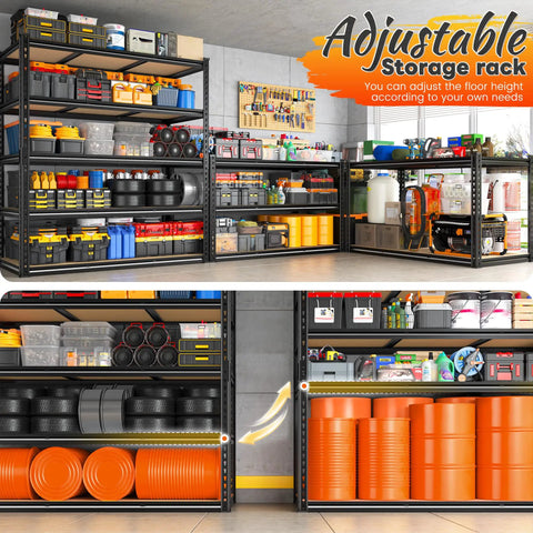 Heavy Duty Five Tier Garage Shelving Unit, 3080 Lbs Capacity, 24 Inch Deep Warehouse Shelves For Totes And Gear, Sturdy Steel Racking With Flat Overhang Free Shelves And Easy Assembly, black steel garage storage rack with totes and tools