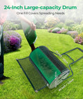 24 Inch Compost Spreader For Garden And Lawn, Push Or Tow Behind Roller Spreader For Fertilizer Peat Moss And Compost shown in use