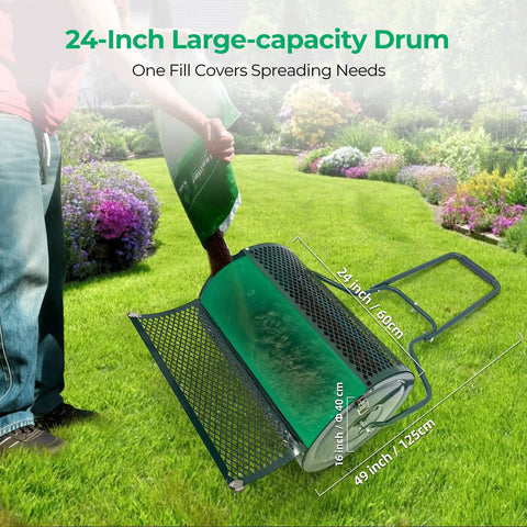 24 Inch Compost Spreader For Garden And Lawn, Push Or Tow Behind Roller Spreader For Fertilizer Peat Moss And Compost shown in use