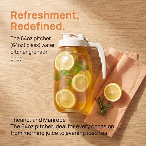 2 Quart Glass Pitcher With Filter Lid Airtight Leakproof 64 Oz Cold Water Jug For Lemonade Tea Juice Milk Iced Coffee And Fruit Drinks